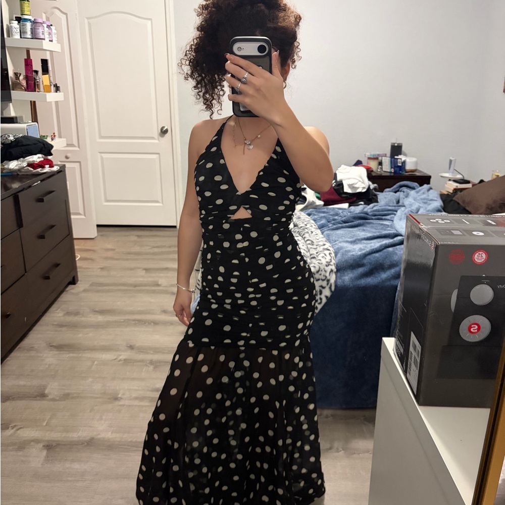 Mango Black and White Polka Dot Midi Dress